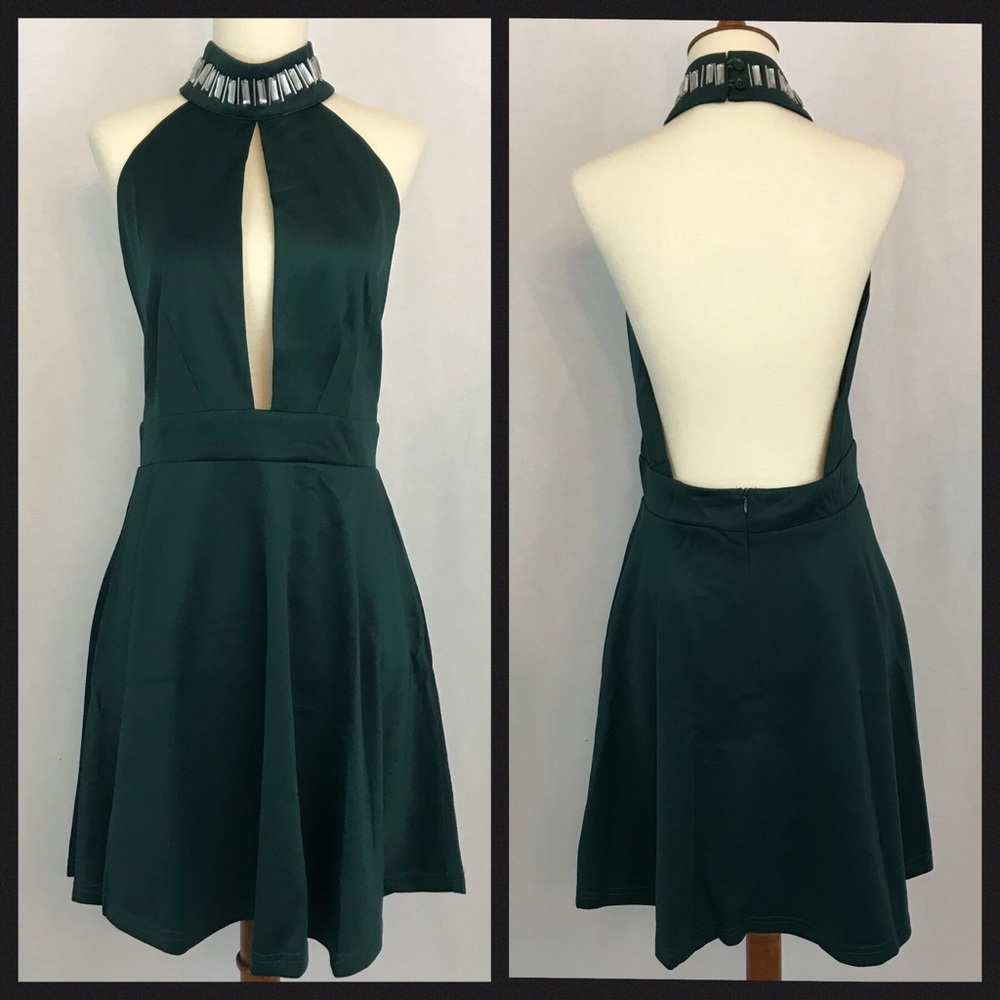 Forest Green Halter Fit & Flare Jeweled Collar - Picture 6 of 8